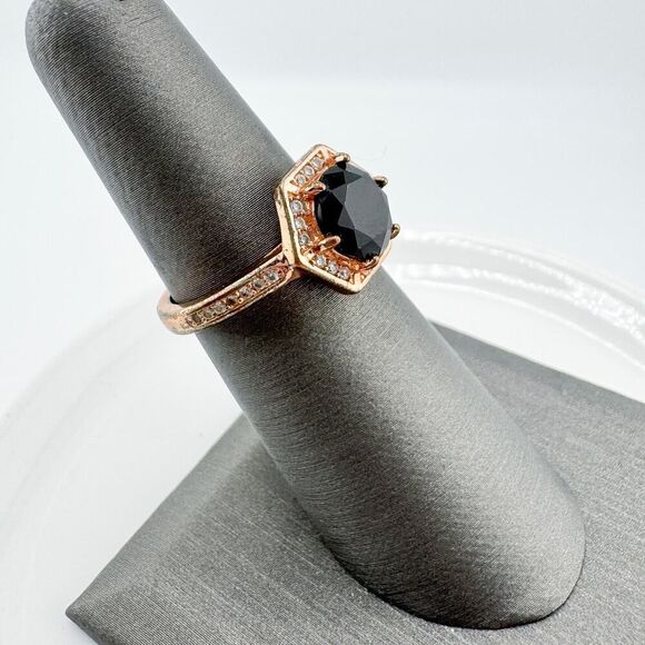 Vintage Hexagon Black Clear Rhinestone Ring Gatsby Glamour Retro Statement - Picture 8 of 10